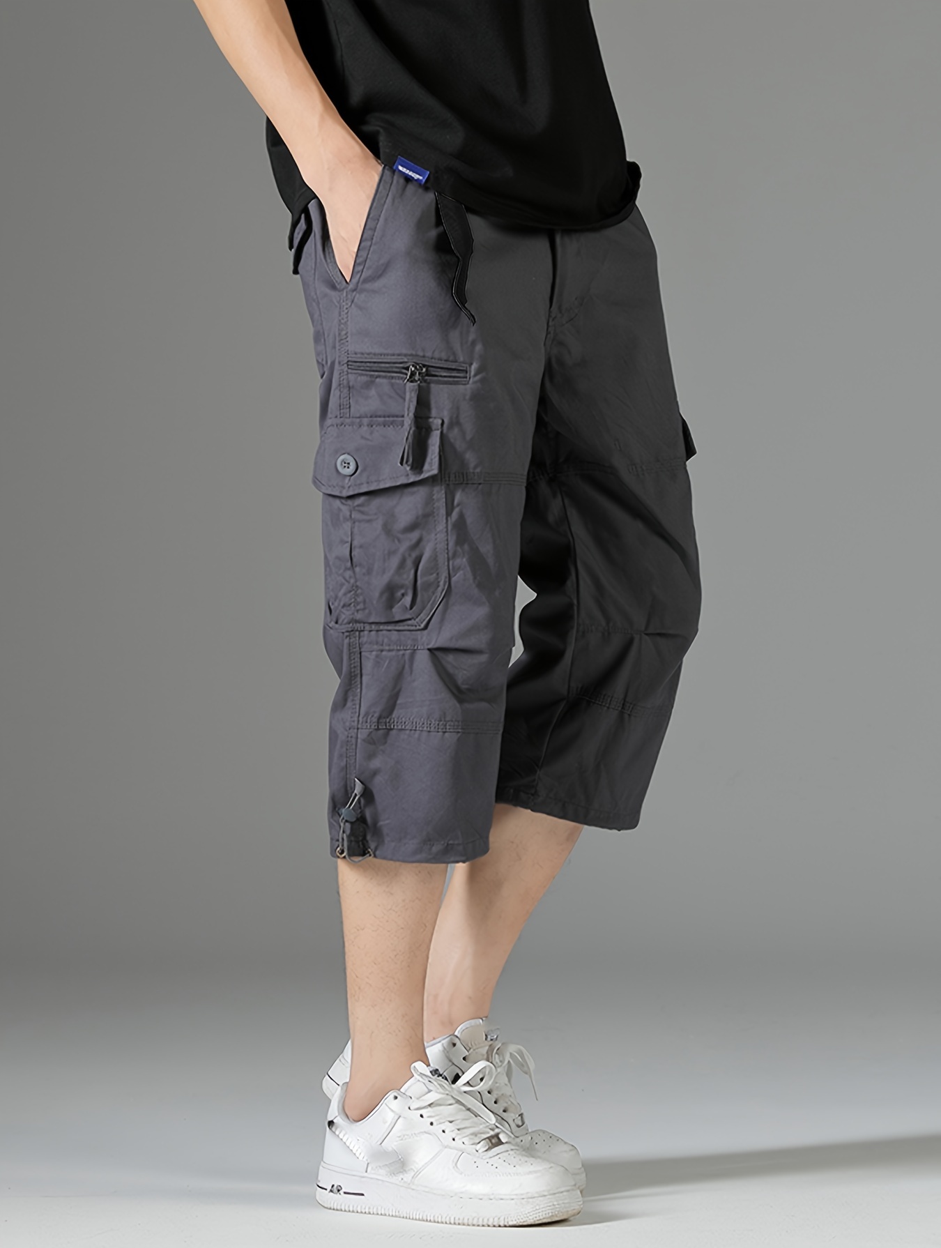 mens 3 4 length solid color non stretch cotton cargo shorts for summer outdoor wear details 6