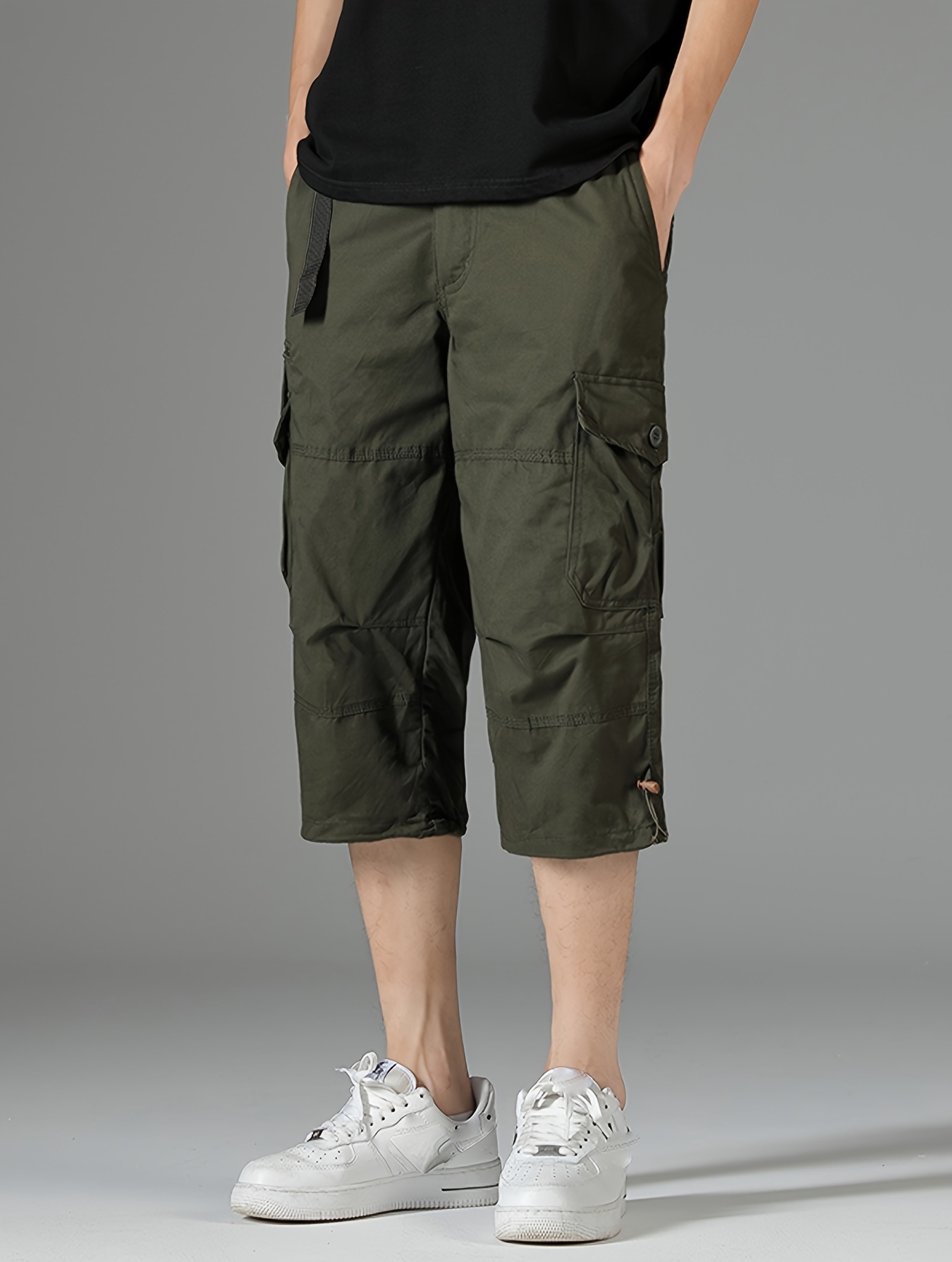 mens 3 4 length solid color non stretch cotton cargo shorts for summer outdoor wear details 16