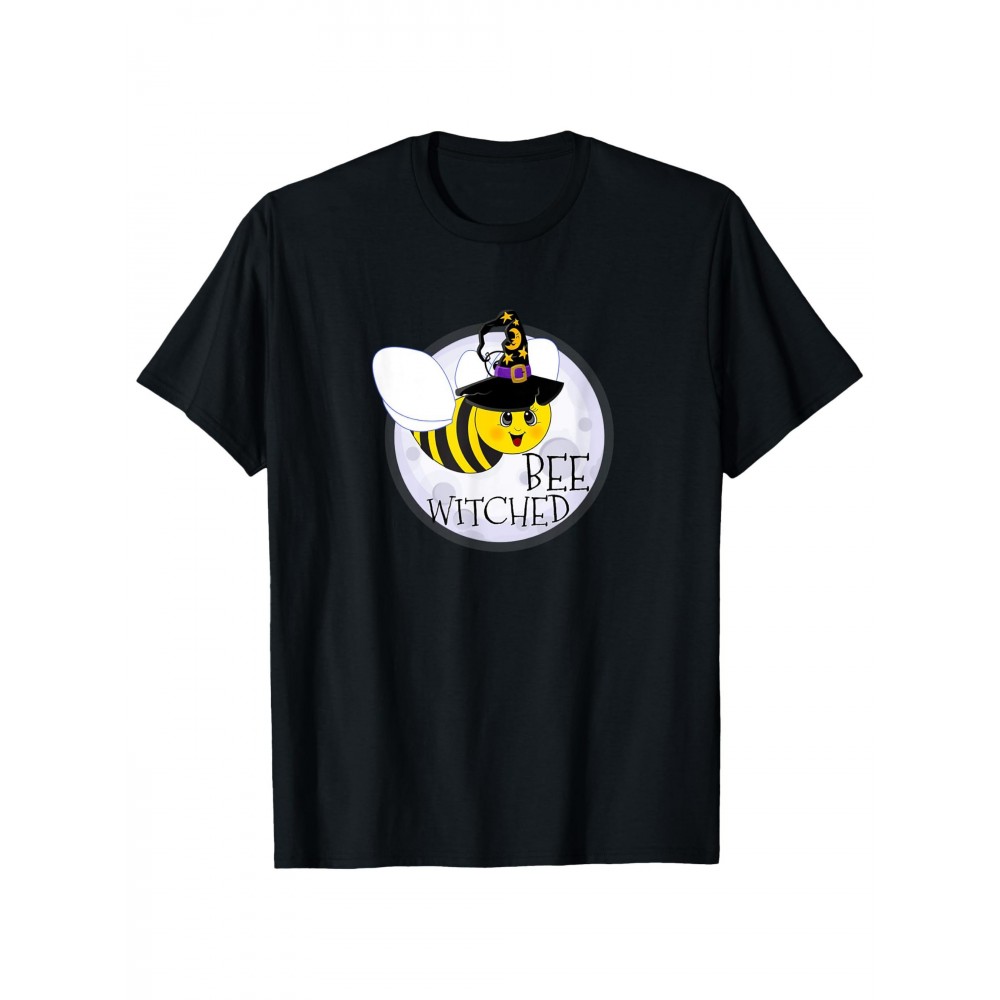 Men'S Casual Crew Neck T-Shirt with Bee Witched Graphic, Knit Fabric, Regular Fit, 100% Cotton, Summer Wear, Slight Stretch, Plant Pattern, 180g/m², for Daily & Weekend Casual - Black