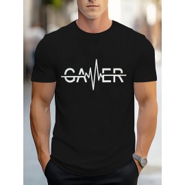 Men'S Casual Crew Neck T-Shirt with Geometric Gamer Pulse Graphic, 100% Polyester Knit Fabric, Slight Stretch, Regular Fit - Stylish Streetwear for Sports and Fitness
