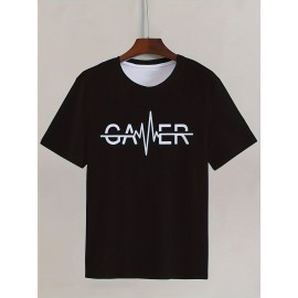 Men'S Casual Crew Neck T-Shirt with Geometric Gamer Pulse Graphic, 100% Polyester Knit Fabric, Slight Stretch, Regular Fit - Stylish Streetwear for Sports and Fitness
