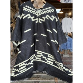 Casual V-Neck Tribal Pattern Poncho with Tassels - Polyester & Acrylic Blend, Non-Stretch Woven Fabric, Fall/Winter Warmth - Western Bandit Inspired Cape for Outdoor Adventures and Shopping
