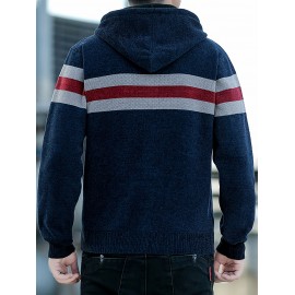 1pc Men'S Casual Color Block Chenille Hooded Knit Jacket - Polyester Long Sleeve Zip-Up with Slight Stretch, Regular Fit Hooded Sweater for Fall/Winter