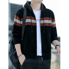1pc Men'S Casual Color Block Chenille Hooded Knit Jacket - Polyester Long Sleeve Zip-Up with Slight Stretch, Regular Fit Hooded Sweater for Fall/Winter