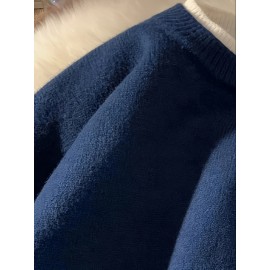 Men's Loose Color Block Cute Boy Graphic Print Fake Two-piece Knitted Pullover, Casual Long Sleeve Crew Neck Sweater For Fall