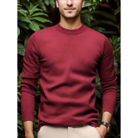 1pc Men'S Casual Crew Neck Viscose Knit Sweater - Solid Color Pullover with Medium Stretch, Regular Fit, Long Sleeve - Knit Fabric Sweatshirt for Autumn and Winter
