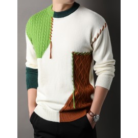 1pc Men'S Korean Style Crew Neck Sweater, Casual Striped Pattern, Rib-Knit, Slight Stretch, Loose Fit, Acrylic Knit Fabric, Thick Warm Patchwork Pullover for Fall/Winter - Fashionable Color Block Base Layer Top [12422]