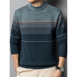 1pc Men'S Casual Striped Crew Neck Sweater, Polyester Knit Long Sleeve Pullover, Mature Style Solid Color Warm Top for Sports and Leisure