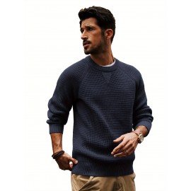 Men Waffle Textured Sweater Long Raglan Sleeve Crew Neck Ribbed Cuff Pullover