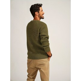 Men Waffle Textured Sweater Long Raglan Sleeve Crew Neck Ribbed Cuff Pullover