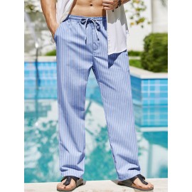 Men's Lightweight Striped Casual Pants with Elastic Waist and Pockets - Perfect for Casual Attire