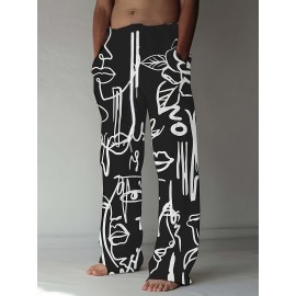 Men's Casual Athletic Joggers with Abstract Face Print - Loose Fit, Polyester Blend, Machine Washable