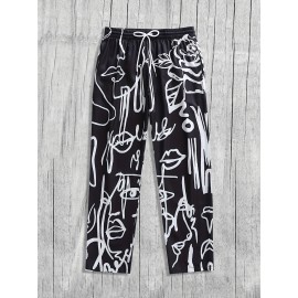 Men's Casual Athletic Joggers with Abstract Face Print - Loose Fit, Polyester Blend, Machine Washable