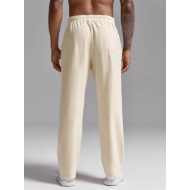 Mens Cotton Linen Pants Casual Pleated Drawstring Elastic Waist Loose Fit Beach Yoga Pants With Pockets