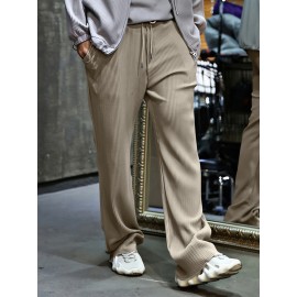 Men's Drawstring Pants Mid Waist Straight Leg Long Pants Casual Solid Color Ribbed Pants