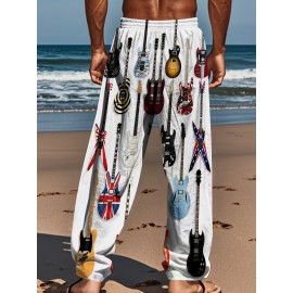Men's Vintage-Inspired Guitar Print Casual Pants - Loose Fit, Drawstring Waist, Polyester, Machine Washable