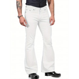 Men's Vintage-Inspired Flare Pants - Solid Color, Mid-Rise Bell Bottoms with Cotton Blend, Machine Washable