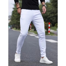 Men's Solid Slim Fit Pants For Outdoor Daily Life, Trend Casual Trousers For Males
