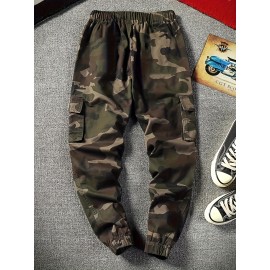 Men's Camo Cargo Pants with Flap Pockets & Drawstring Waist - Casual Outdoor Workwear, Polyester