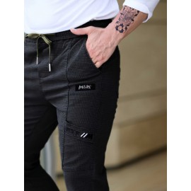 Men's Cotton Blend Label Decor Jogger Pants With Drawstrings, Casual Loose Fit Harem Trousers As Gift