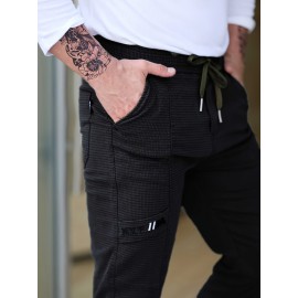 Men's Cotton Blend Label Decor Jogger Pants With Drawstrings, Casual Loose Fit Harem Trousers As Gift