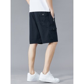 Casual Solid Men's Regular Fit Elastic Waist Cotton Cargo Shorts With Side Pockets For Summer Outdoor Leisure And Work