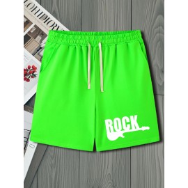 Men's Casual Rock Print Drawstring Shorts - Breathable Polyester, Pockets Included, Machine Washable